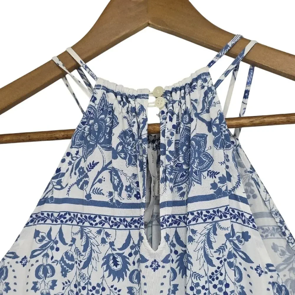 LOFT Womens Sz M Blue and White Dress Tiered Beachy BOHO Feminine Fairy Maxi